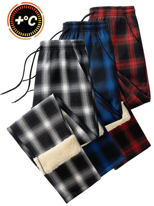 3-Pack Men's Heavy-Duty Cold-Resistant Winter Pants - Plaid Trousers with Elastic Waist & Drawstring, Straight-Leg Trousers in Black/Red/Blue Tartan Patterns (No Belt Included) for Skiing, Hunting, Outdoor & Casual Wear - Mac