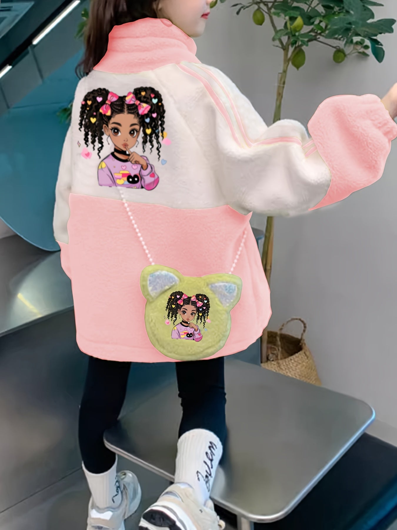 Girls' Winter Coat with Heart & Bunny Face - Soft Fleece-Lined Zipper Front, Loose Fit Long Sleeve Outerwear, Cute Cartoon Character Design for Halloween & Everyday