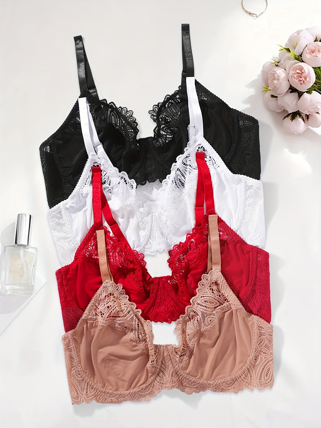 4pcs Plus Size Elegant Full Cover Underwire Lace Bra, Comfortable Fit, Breathable, Adjustable Straps Soft Stretch Fabric for All-Day Comfort- Perfect for Casual Attire, Plus Size Underwire Lightly Padded Bra, Women Bras for W
