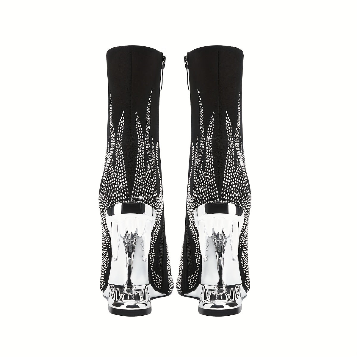 Women's Rhinestone Novelty Teeth Sculptural Heeled, Glitter Flame Short Slim Boots, Dance Party Boots