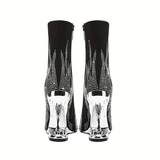 Women's Rhinestone Novelty Teeth Sculptural Heeled, Glitter Flame Short Slim Boots, Dance Party Boots