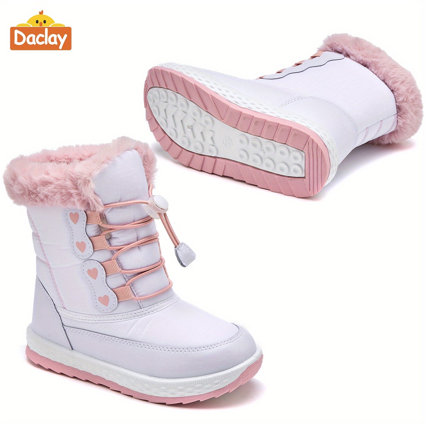 DACLAY Youngsters' Fleece-Lined Winter Boots - Slip-On Mid-Calf Snow Boots with Heart Patterns, Soft Fabric & Synthetic Synthetic, All-Season Casual Outdoor Shoes for Boys & Girls, Pink & White Design, Youngsters Winter Boots