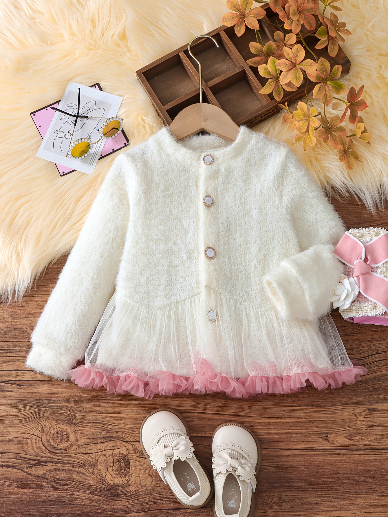 Girls' White Faux Fur-Lined Cardigan with Pink Tulle Skirt - Long Sleeve Button-Up Jacket, Round Neck Casual Winter Coat for Fall & Winter, Soft & Stylish Outerwear for Youngsters, Winter Coat for Girls, Fall Winter Apparel,