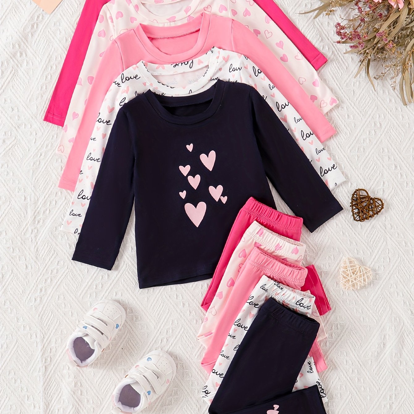 10pcs Baby Girls' Casual Long Sleeve & Pants Set - Cute & Heart Print, Soft Stretchy Fabric, Loose Fit, Spring/Fall Outdoor Playwear, Perfect for Daily Wear, for Outdoor