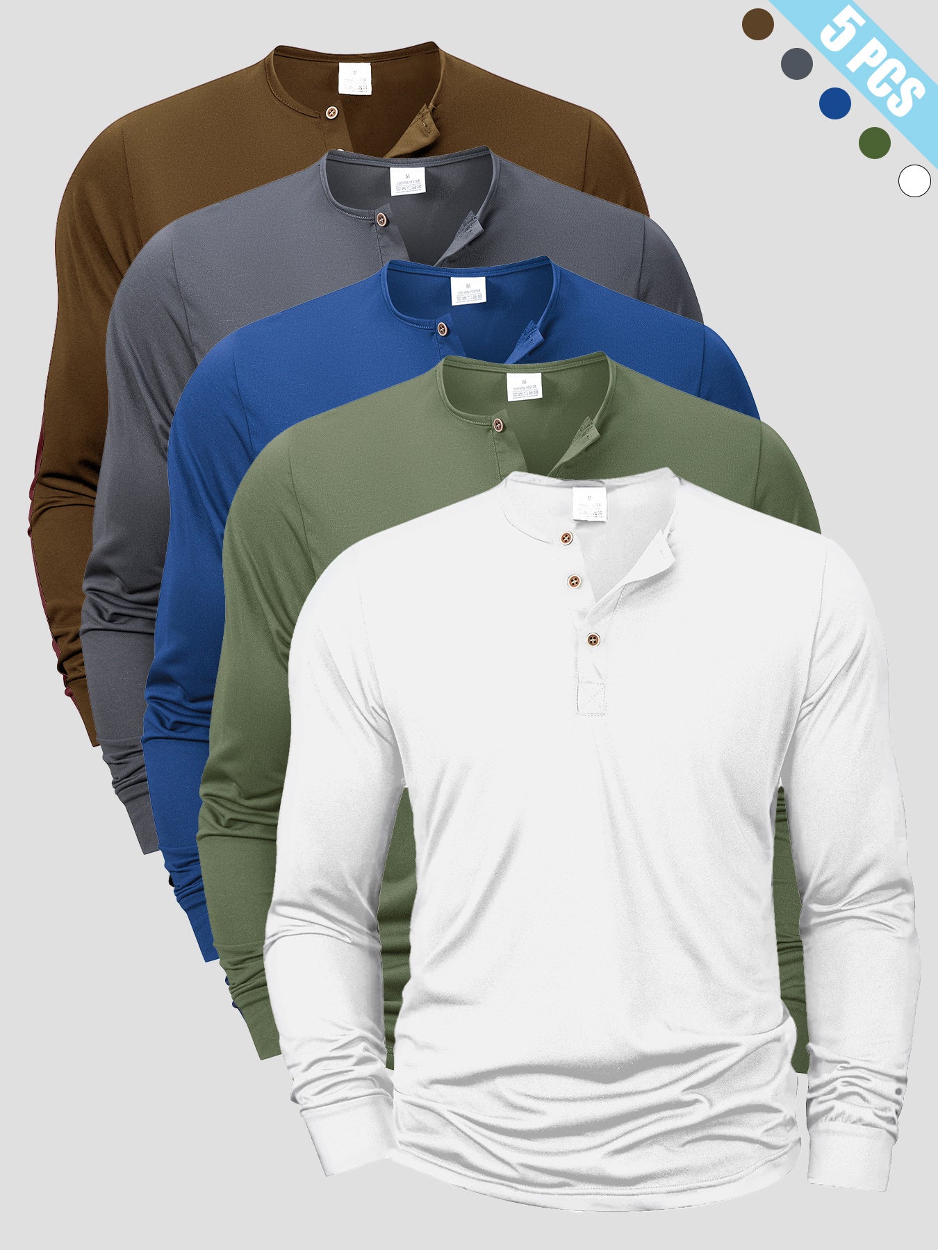[Men's T-Shirts Set] A Set of Five Versatile Men's T-Shirts Featuring a Henley Style, with a V-Neck Design And Buttoned Half-Open Chest. These Long-Sleeve Shirts Are Easy Yet Stylish, Perfect for Everyday Casual Wear, Sports,