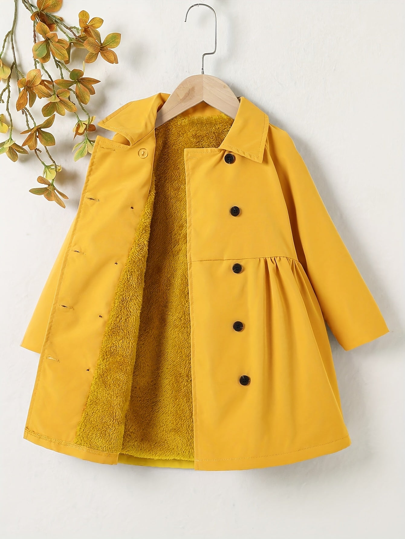 Girls' Cozy Fleece-Lined Double-Breasted Jacket - Solid Color Long Sleeve Casual Coat with Lapel Collar, Button Front & Side Pockets for Fall/Winter Outdoor Play, Hiking & Casual Attire, Hiking Apparel, Durable Outerwear, Gir