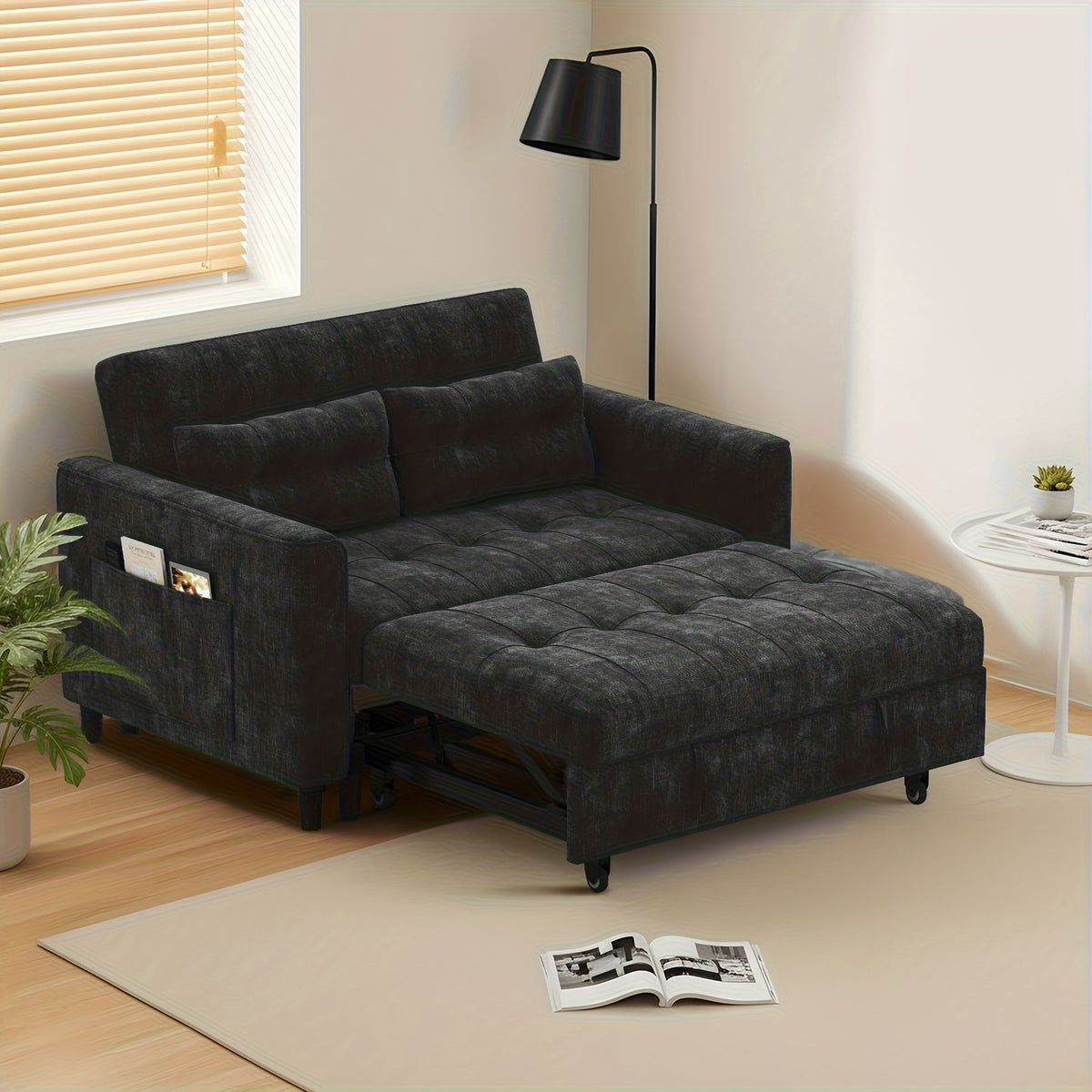 Convertible 3-in-1 Sofa Bed, Foldable Sleeper Chair with Pull-Out Design with Soft Chenille Fabric and Pull-Out Sleeper, Sturdy Wood Frame, Adjustable Backrest, Side Storage Pockets, Space-Saving Modern Sofa Bed for Living Ro
