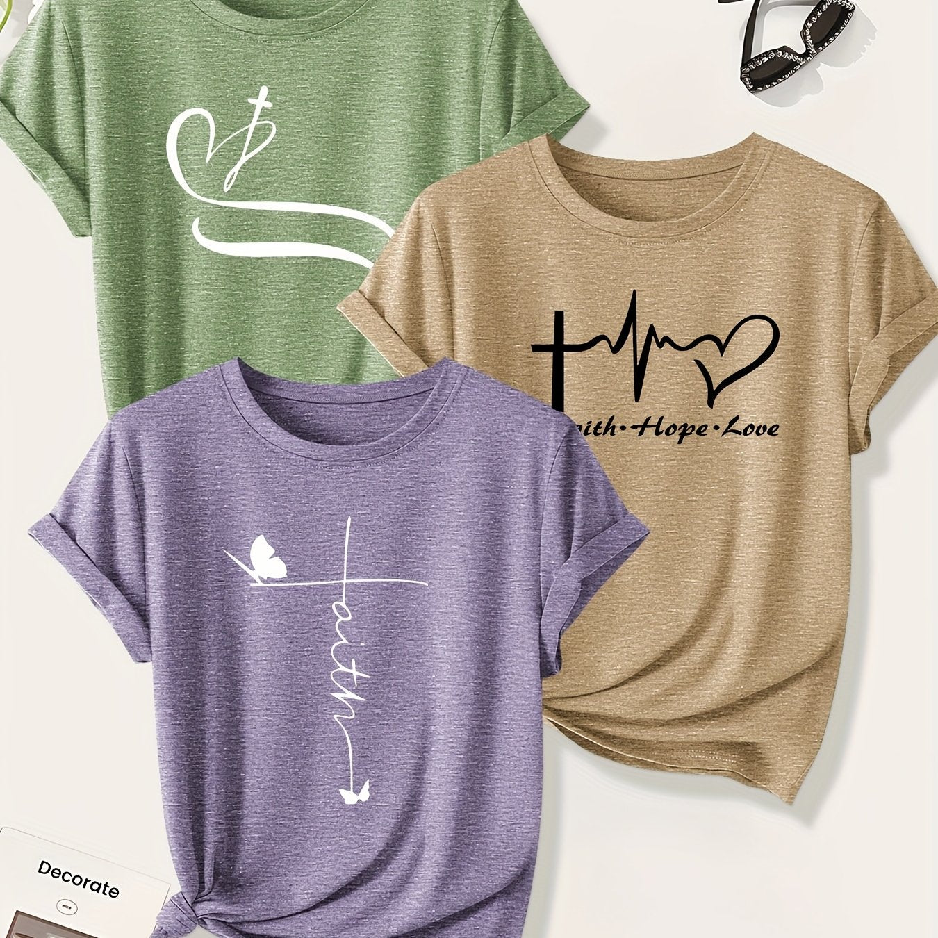 [Christian Cross T-Shirts] A Set of Three Women's Christian Cross Pattern Short-Sleeve T-Shirts Featuring Crosses, Hearts, And Butterfly Prints, Perfect for Casual Summer Wear. Stylish, Elegant, And Versatile, Available in Mu
