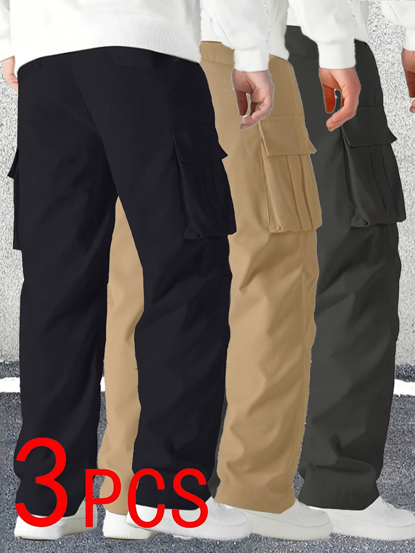 [Stylish | Versatile] 3pcs Stylish Versatile Men's Cargo Pants | Spring Autumn Outdoor Sports Straight-Leg Casual Long | Street Retro American Trendy Trousers