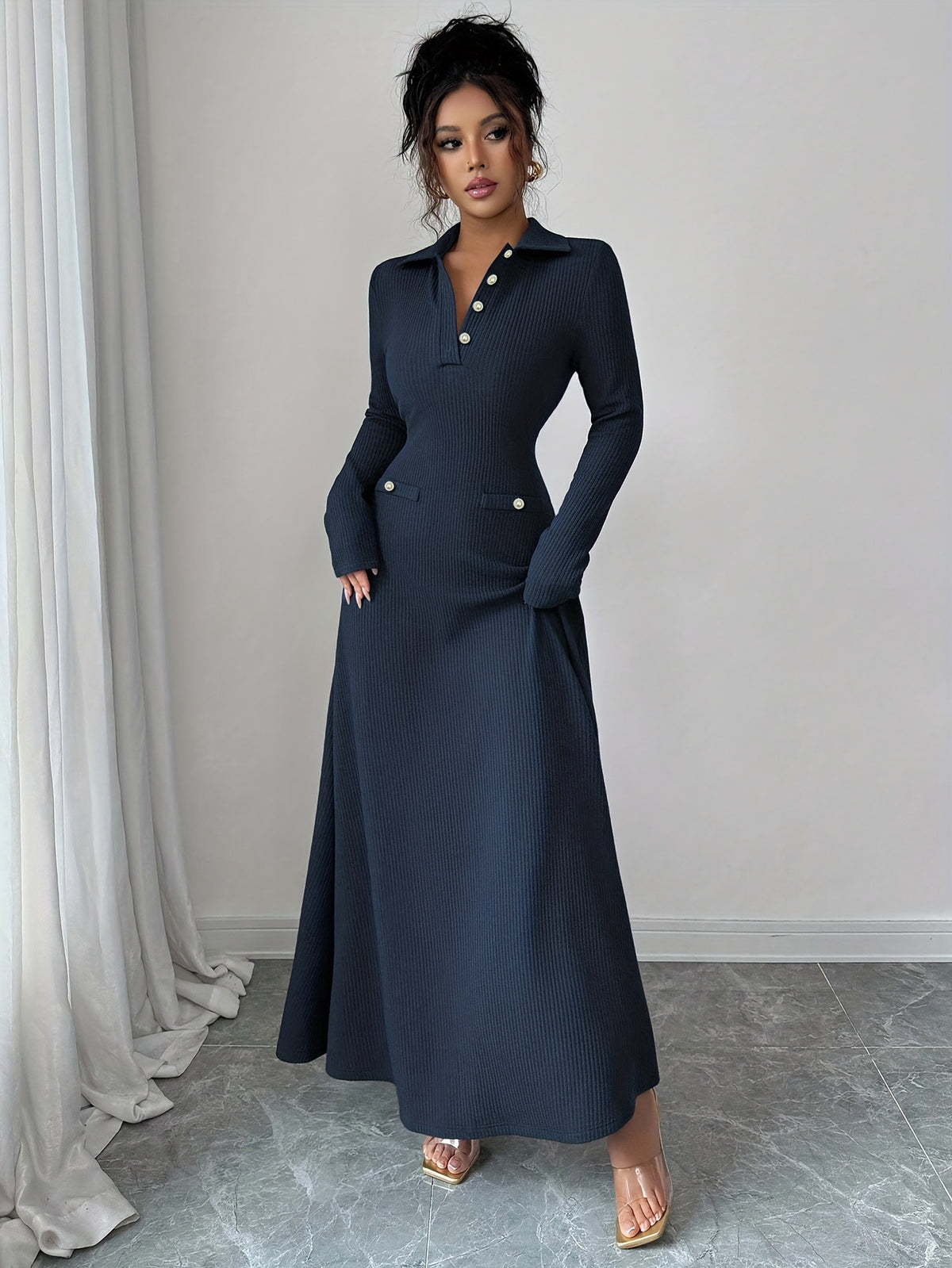 Women'S Elegant A-Line Maxi Dress - Long Sleeve Formal & Everyday Chic Outfit, Button Front Closure, Flattering Fit for Fall/Winter, Office, Party, Fashion Lovers, Stylish Outfit, Quality Stitching, Sophisticated Style, Winte