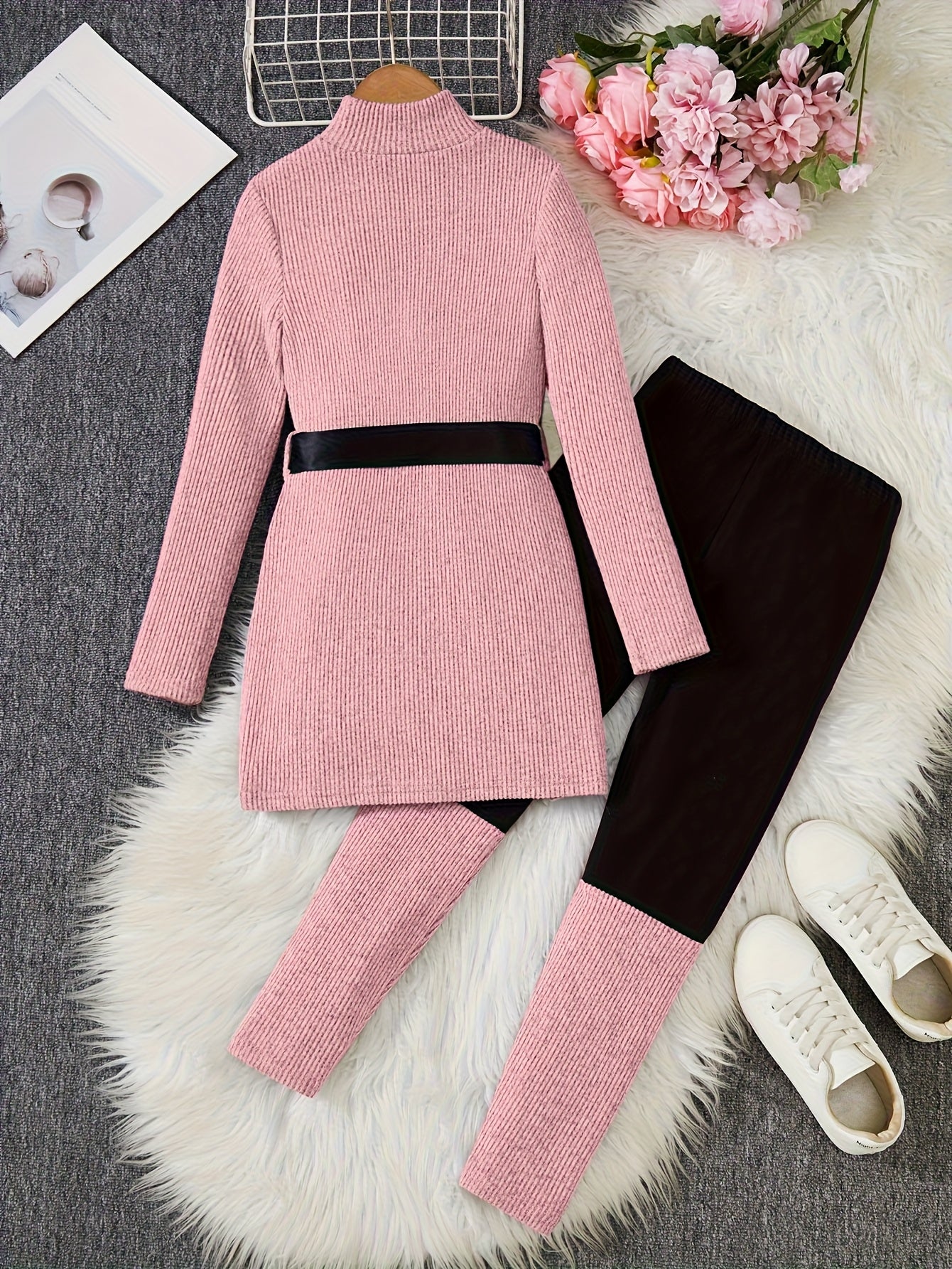 [Perfect for fall winter wear] 2pcs Girls' Autumn/Winter Set: High-Neck Long Sweater Dress with Contrast Patchwork Leggings - Fashion Casual Minimalist Style for Daily Outdoors, School Gathering, Back-to-School Season Fall Wi