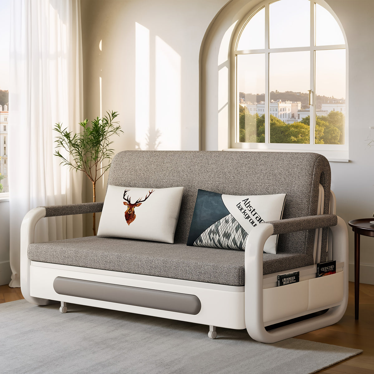 NessCarsti 3-in-1 Convertible Sofa Bed with Storage Cabinet - Space-Saving Sleeper Sofa, Modern Linen Upholstery, Sturdy Hardwood Frame - for Small Apartments, Living Room, Bedroom - No Assembly Required, Easy Conversion Betw