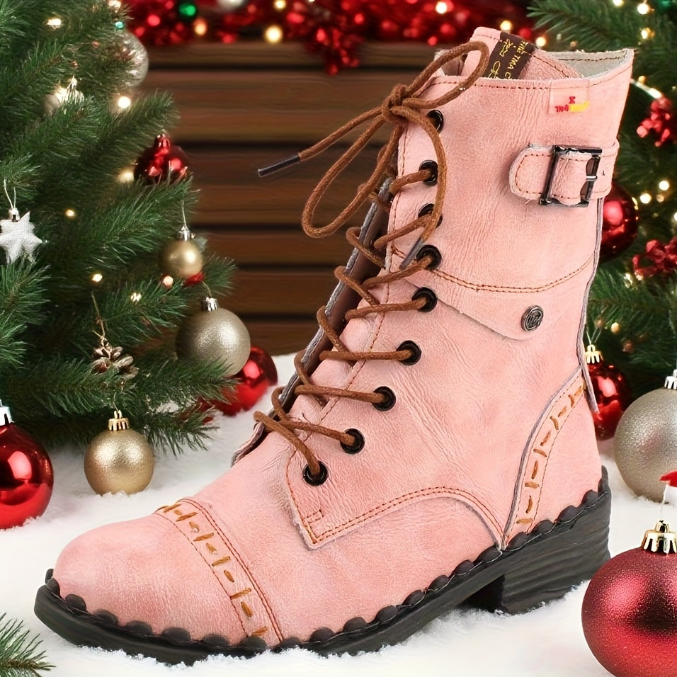 TMA EYES Women's Pink Retro Hand-Stitched Mid-Heel Ankle Boots -SRound Toe Zipper Closure,TAnti-Slip TPR Sole,TMicrofiber Cover Upper &,TAll-Season Casual/Dress Boots with Heel Lifter (Dry Clean) -SCowboy,TBoots For Women'TFa