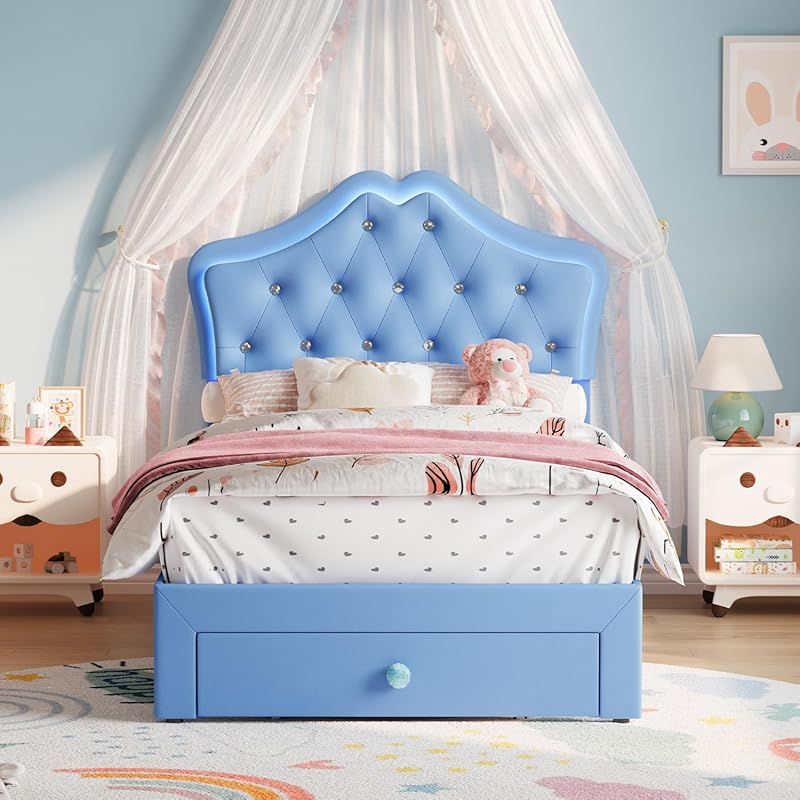 Twin-Size Single Bed Frame with Headboard & Storage Drawers - Modern Platform Bed with Upholstered Headboard, Easy Assembly, No Springs Needed