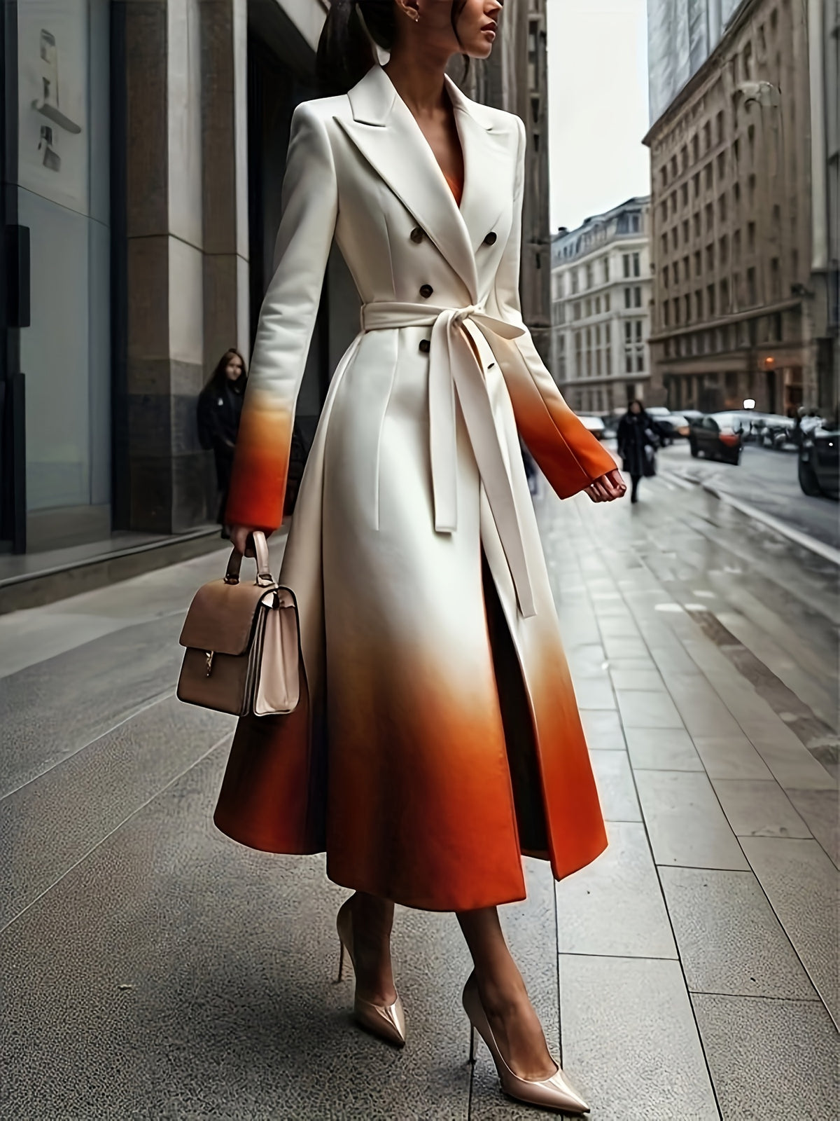 Women'S Winter New A-Line Long Sleeves Buttoned Gradient Split-Joint Tied Waist Notched Collar Coat