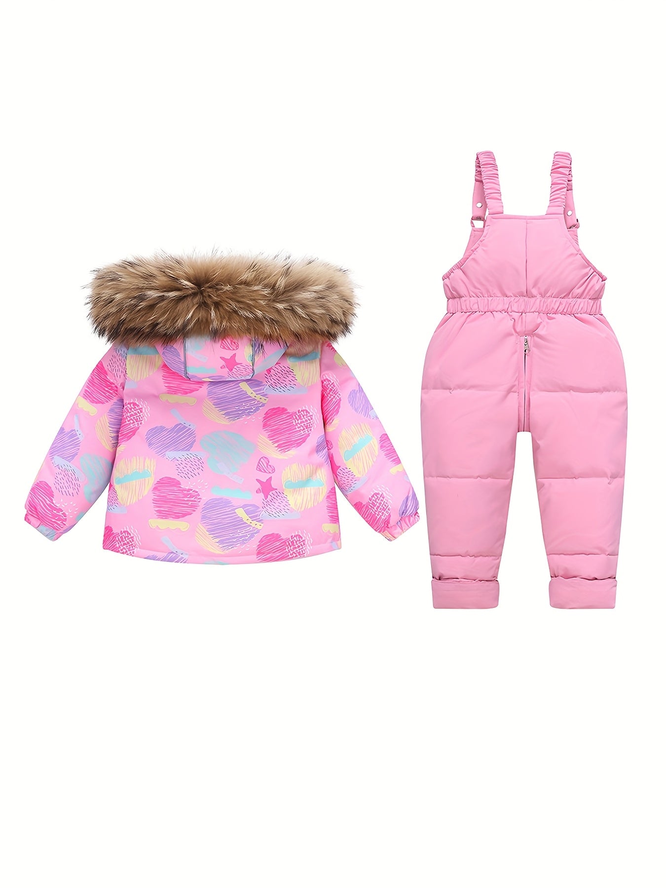 [Winter Ski Suit Set] 2025 Girls' 2pcs Winter Ski Suit Overalls Set - Floral Print Hooded Jacket & Full-Zip Snowsuit with Padded Waist, Soft Warm Long Sleeve Outwear for Skiing, Snowboarding & Outdoor Play | Cozy Casual Winte