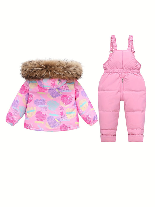 [Winter Ski Suit Set] 2025 Girls' 2pcs Winter Ski Suit Overalls Set - Floral Print Hooded Jacket & Full-Zip Snowsuit with Padded Waist, Soft Warm Long Sleeve Outwear for Skiing, Snowboarding & Outdoor Play | Cozy Casual Winte
