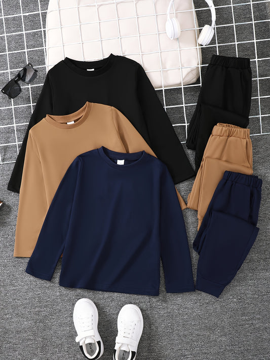 Tween Boys' 6pcs Long Sleeve Long Pants Sweatshirt Set, Knitted Solid Color Mixed Color Crew Neck Long Sleeve Sweatshirt, Elastic Waist Sports Pants, with Pockets, Loose Fit, Casual And Versatile, Suitable for Outdoor Scenes,