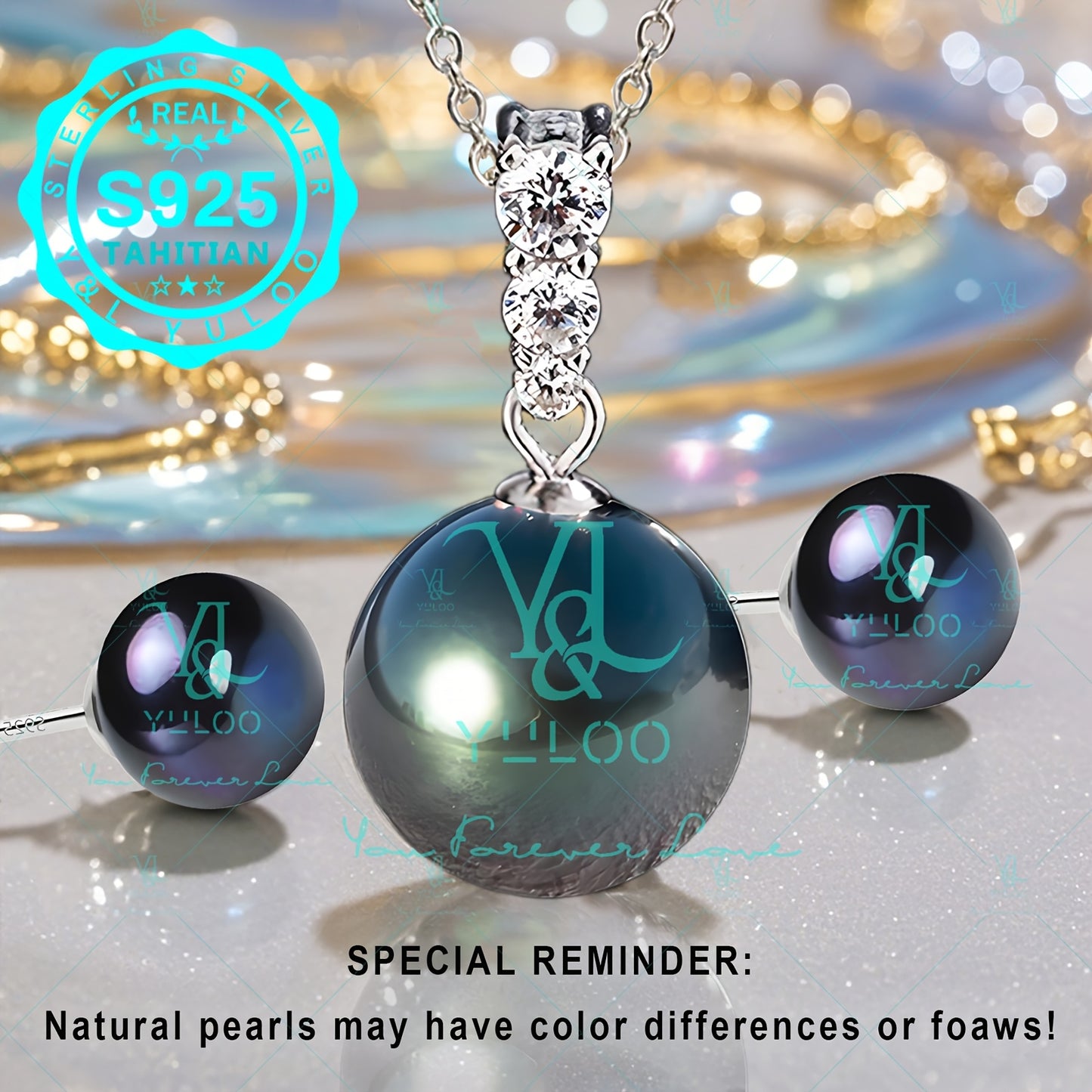 12-13mm Natural Tahitian Cultured Round Black Pearl Set in S925 Pure Silvery