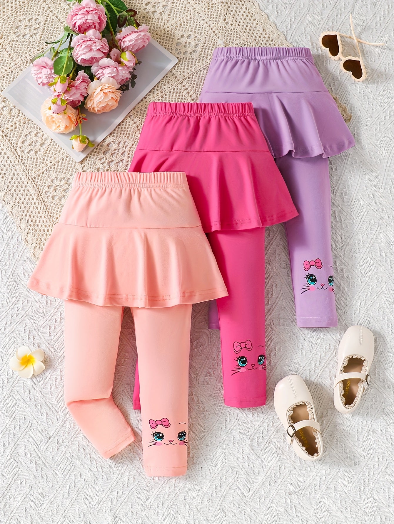 Casual Dress Pants with a Cat Pattern for Young Girls in Spring And Autumn (Set of 3), a Gift for My Daughter.