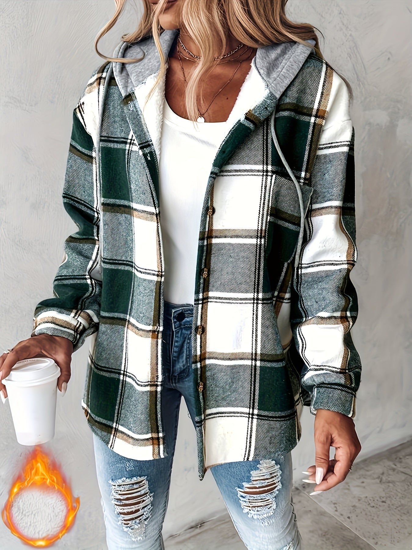 Women'S Oversized Checkered Jacket with Fleece Lining - Hooded Plaid Coat, Long Sleeve Casual Winter Spring Fall Outerwear, Brown/Black/Gray/Beige Tartan Pattern, Machine Washable Relaxed Fit Jacket for Everyday & Formal Outf