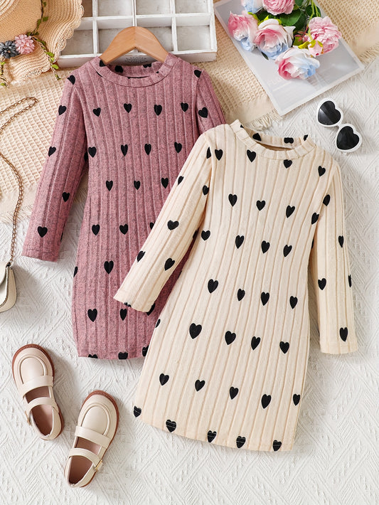 2pcs Young Girl Heart Print Round Neck Ribbed Knit Dress, Comfortable Outfit for Outdoor Wear - Sister Gift for Daughter