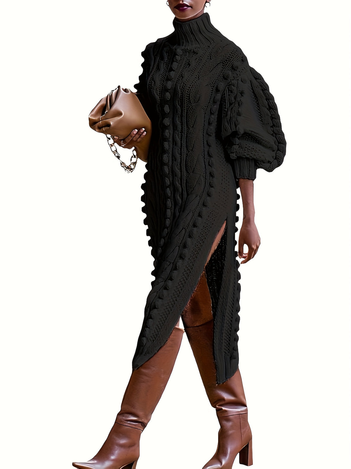 Women's Elegant Turtleneck Sweater-like dress - Long Puff Bell Sleeves, Flared hem, Bodycon H-Line Silhouette, Machine Washable Polyester Formal & Everyday Outfits for Fall/Winter - Chic Office to Party Dress