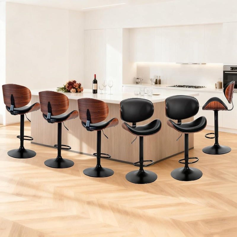 Bar Stool Set (2-Piece/4-Piece/6-Piece), Adjustable Bar Height, PU Leather-Covered Seat, Ergonomic Backrest and Footrest, Non-Slip Rubber Base, Suitable for Bars and Home Kitchen Islands, Black