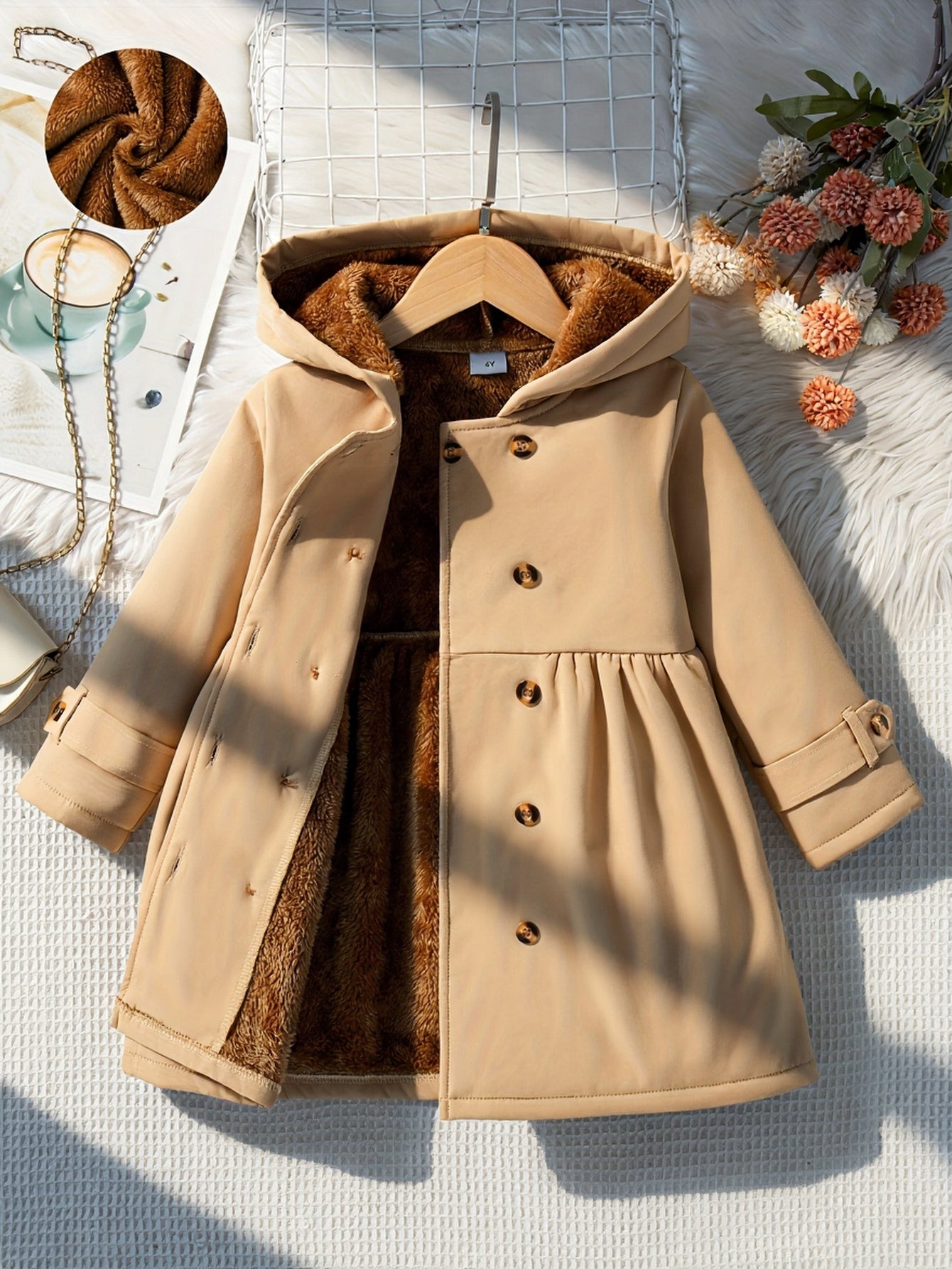[Girls' Hooded Coat] Mystic Thought Girls' Casual Double-Breasted Hooded Coat with Full-Zip Front, Brown & Animal Print, Long Sleeve, Button-Up, Flared Hem, Non-Stretch Fabric