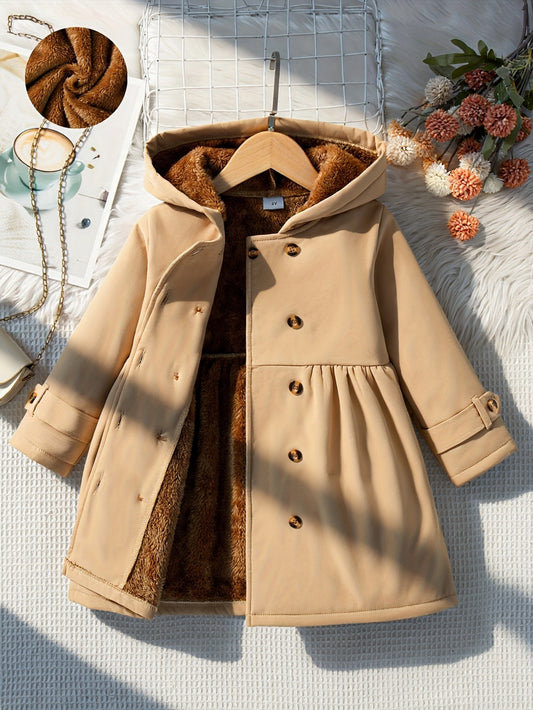 [Girls' Hooded Coat] Mystic Thought Girls' Casual Double-Breasted Hooded Coat with Full-Zip Front, Brown & Animal Print, Long Sleeve, Button-Up, Flared Hem, Non-Stretch Fabric