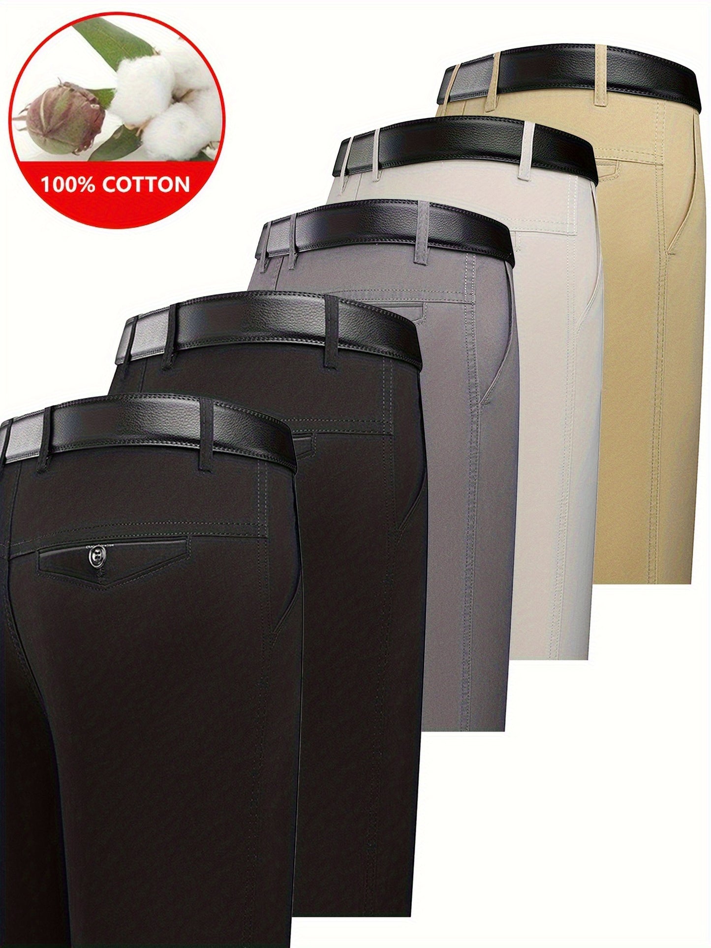 5pcs 100% Cotton Business Casual Pants - High-Waisted Breathable Trousers with Belly, Straight-Leg Cut & Button Closure, Soft Comfortable Pants Suitable for Workplace Commuting & Daily Wear, Spring/Autumn Wardrobe Essential
