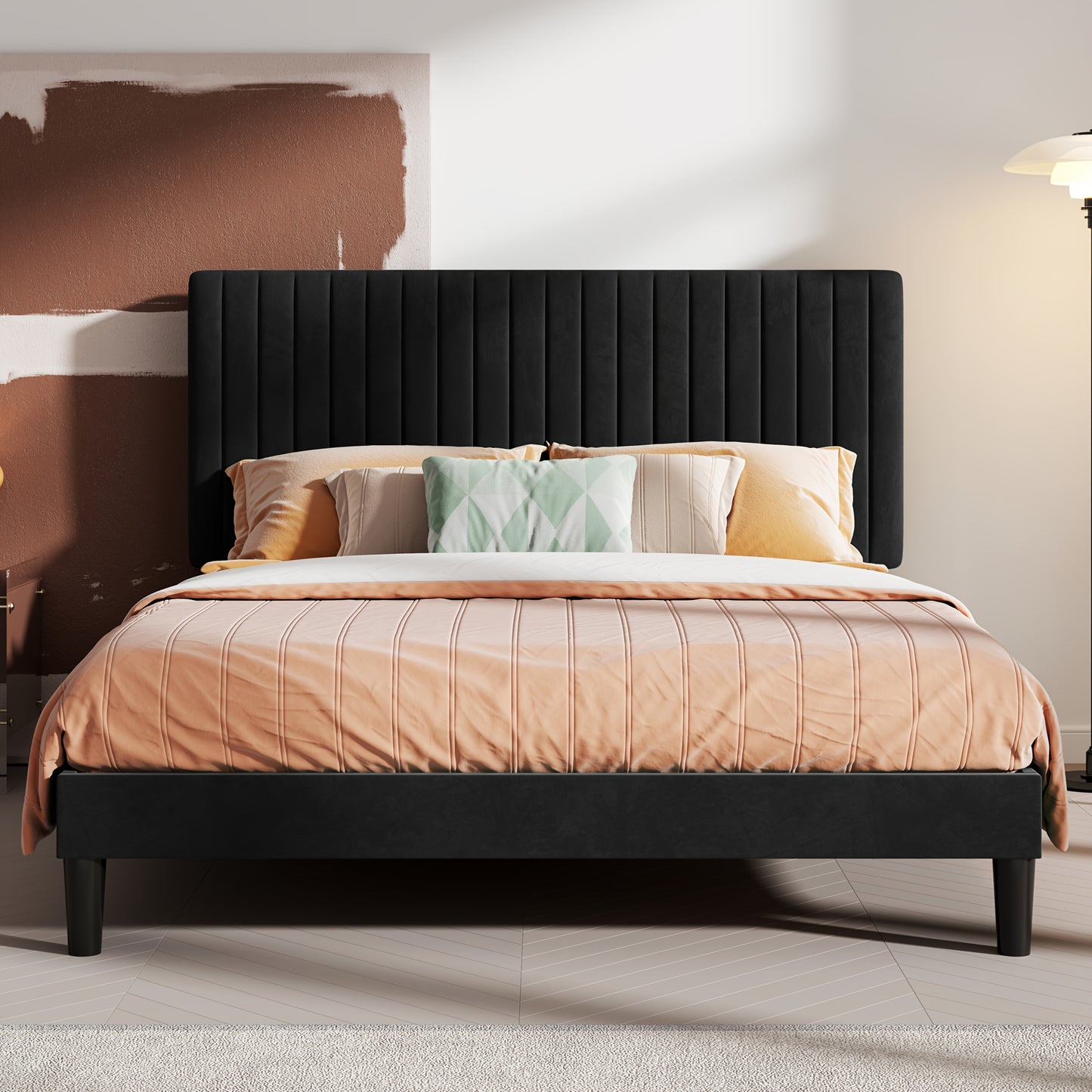 HOOMIC Velvet Upholstered Bed Frame with Adjustable Headboard, Contemporary Platform Bed Featuring Vertical Channel Tufting, Wooden Slats for Support, Optional Box Spring, Ideal for Home Bedroom Furniture, Free Shipping Avail