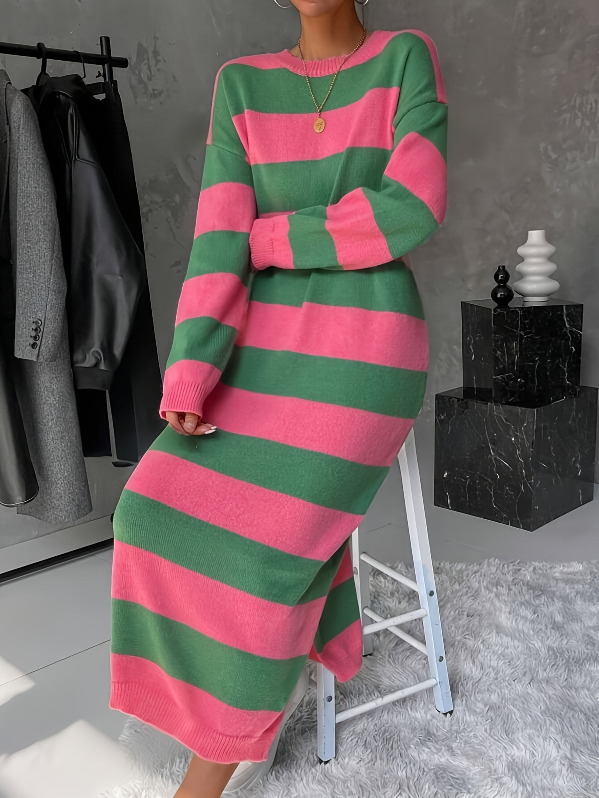 Women'S Elegant Striped Sweater Dress - Long Sleeve Round Neck Winter Dress with Drop Shoulder & Slit Hem, Loose Fit Casual to Formal Outfits, Warm Fall/winter Clothing For Parties, Thanksgiving, Christmas Gifts, Party Attire
