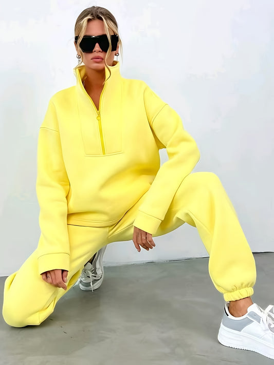 Women'S Solid Color Sportswear Set - Stand Collar Zip-Up Hoodie with Pocket Jogger Pants, Comfortable Casual Athletic Outfit for Fall/ Winter, Perfect for Sports & Outdoor Activities