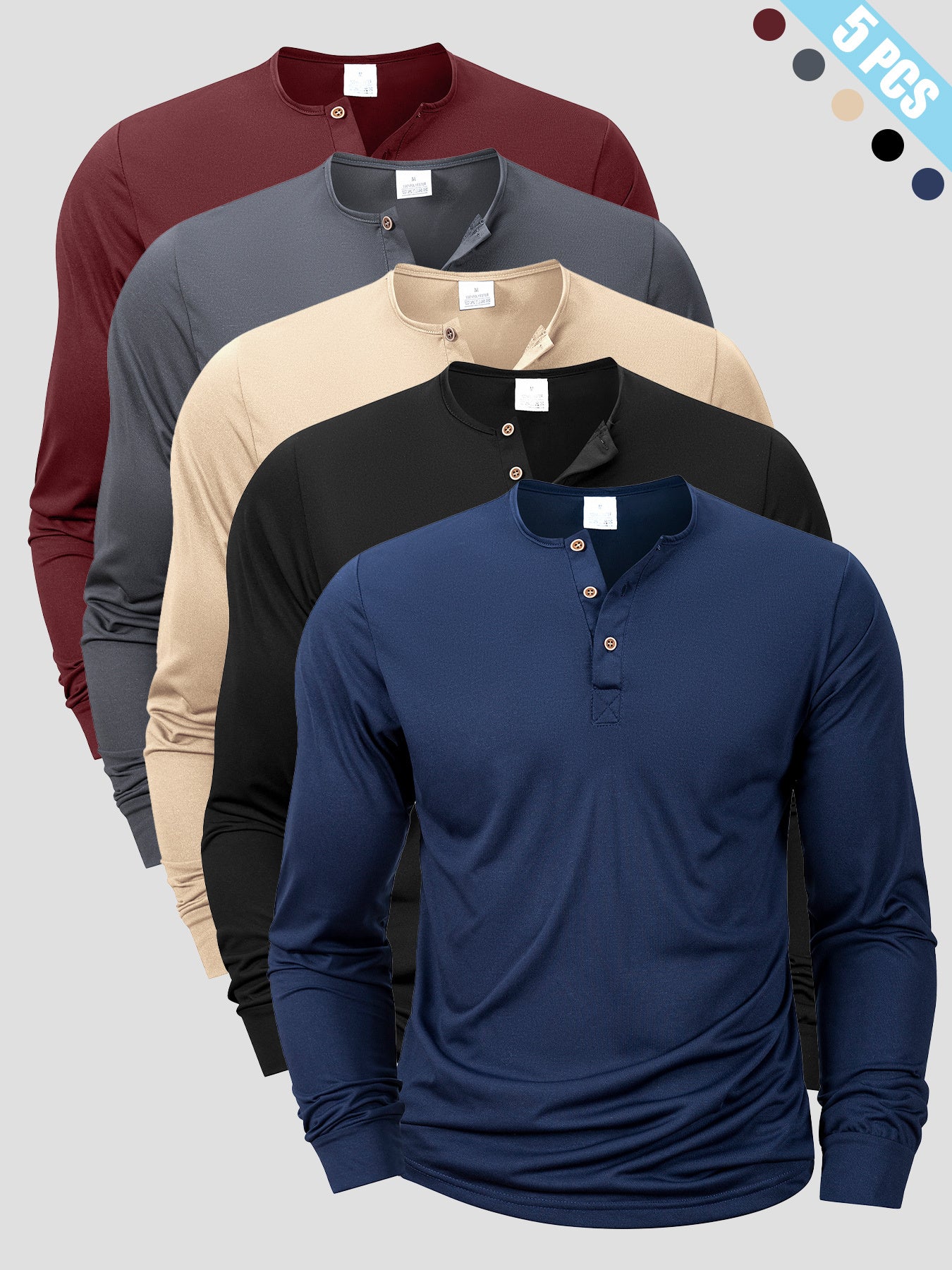 [Men's T-Shirts Set] A Set of Five Versatile Men's T-Shirts Featuring a Henley Style, with a V-Neck Design And Buttoned Half-Open Chest. These Long-Sleeve Shirts Are Easy Yet Stylish, Perfect for Everyday Casual Wear, Sports,