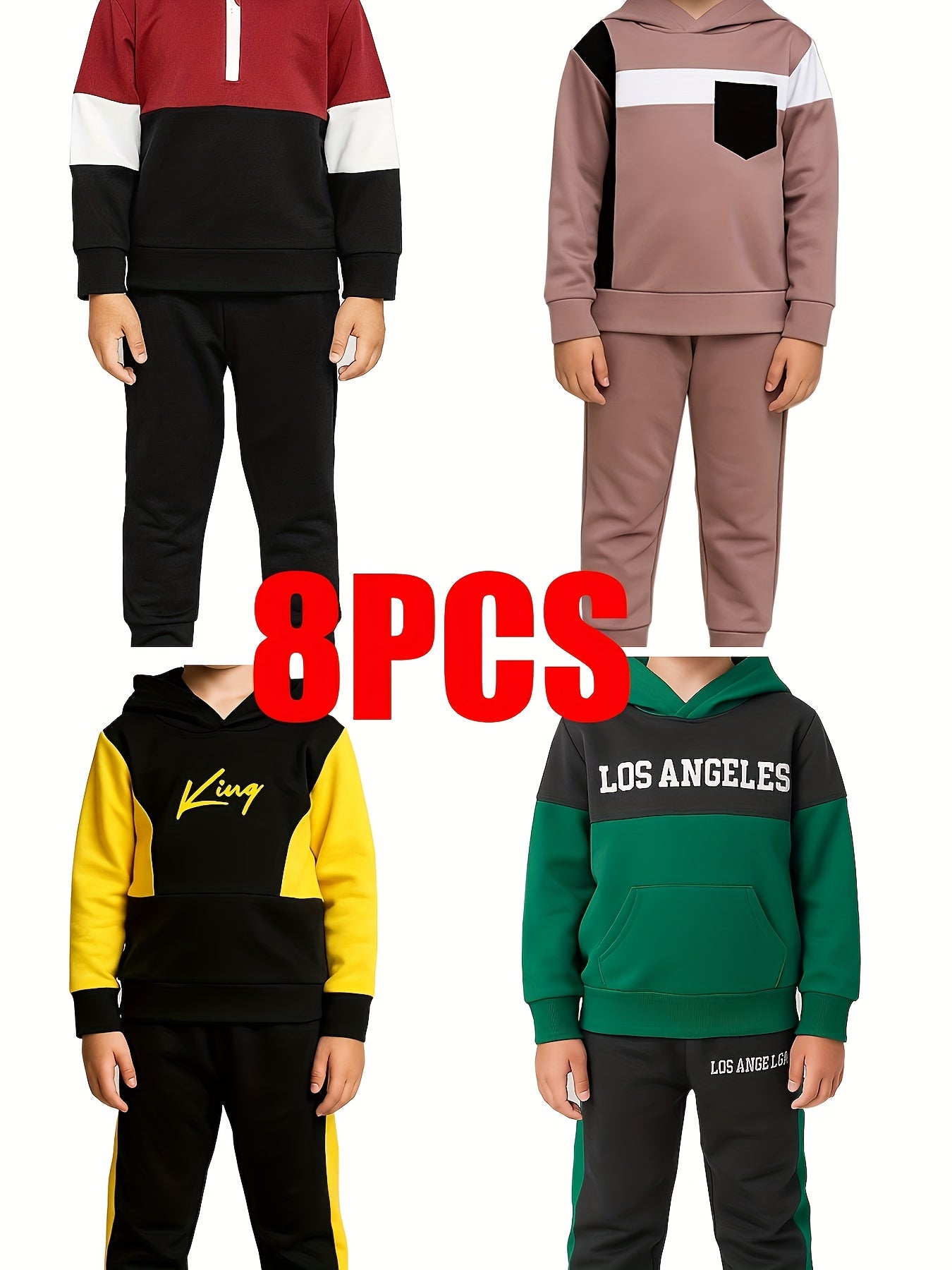8pcs - Targeted Development Of Autumn And Winter New Boys' Fashion Long Sleeved Pants Set Pattern Baseball Jacket Outer Coat Splicing Cool Print Sports And Leisure Outdoor Set Four Piece Top Four Long Pants, for Outdoor