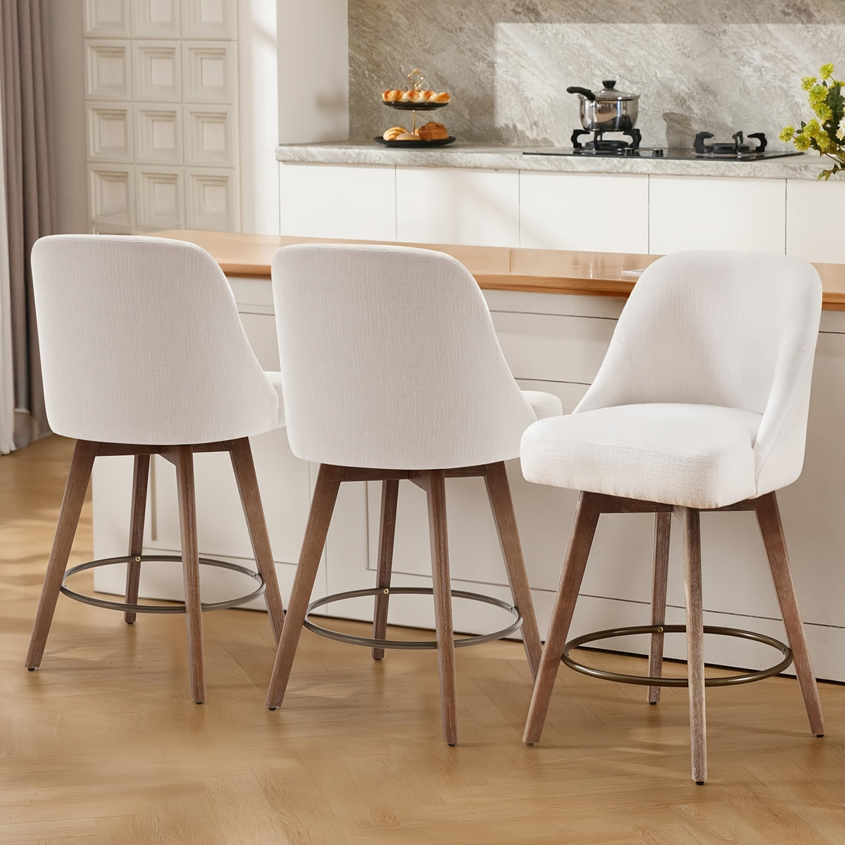 Modern Mid-Century Swivel Counter Height Bar Stools, Set of 3 with Backs, Linen Fabric Upholstered & Sturdy Wood Legs, 360° Swivel Base, 26" Seat Height, Easy Assembly, for Home Bar Dining or Modern Kitchen, Durable H