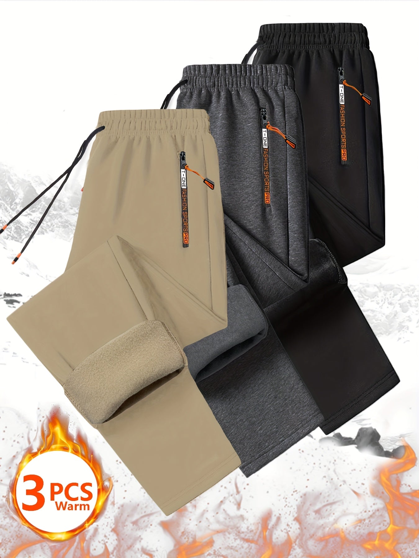 [Men's Fleece Sweatpants Set] Set of 3 Men's Cozy Fleece Sweatpants with Zippered Pockets - Drawstring Waist for Casual Wear, Track Activities, Workouts & Outdoor Running