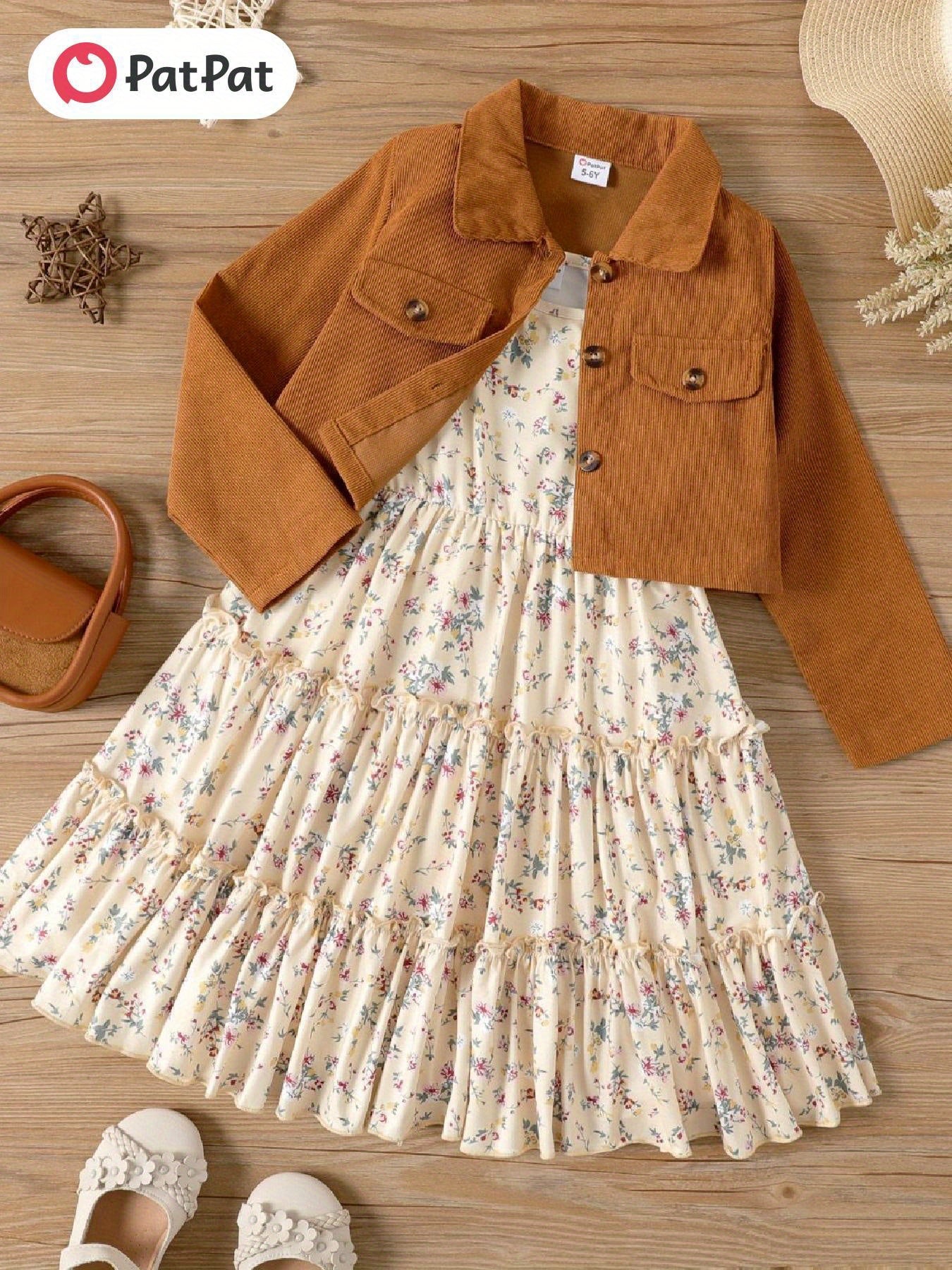 Patpat 2pcs Girls Clothes, Girls Fashion Sleeveless Tiered Dress + Lapel Collar Cardigan Spring Summer Fall Outfit Soft Kids Matching Set 5-12Y Sweet Casual Toddler Girls Clothes Gifts for Girls, Seasonal Kids Wear, Floral Pr
