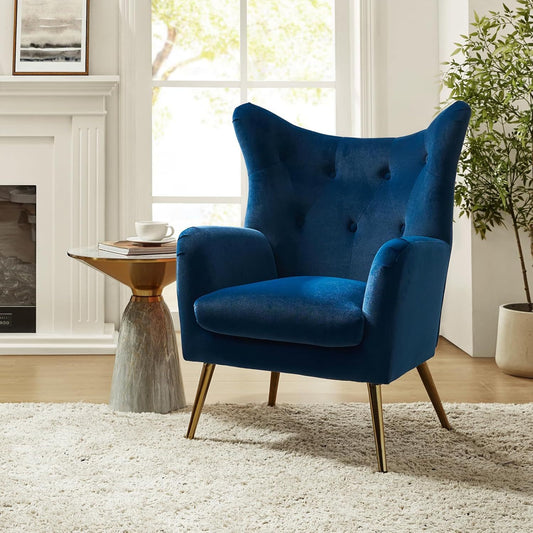 Modern Velvet Wingback Arm Chair with Golden Metal Legs - Tufted Upholstered Accent Chair in Blue/Yellow, Wood Frame, Perfect for Living Room, Bedroom, or Dining Room, Chair for Living Room