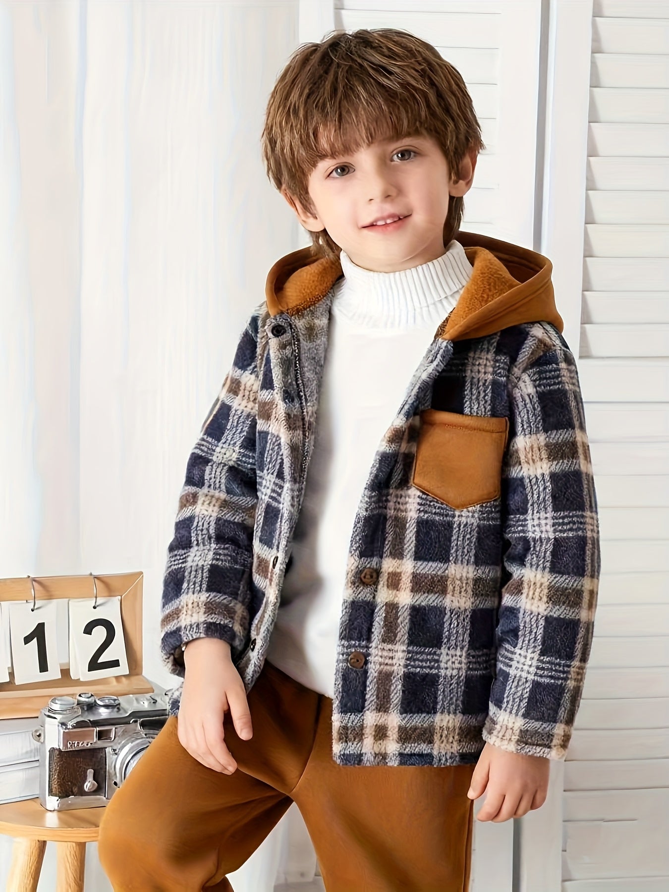 A Two-Piece Set for Boys Featuring a Reversible Plaid Fleece Hooded Cardigan And Knitted Brushed Sweatshirt Pants, Perfect for Autumn And Winter, Offering And Warmth for Casual Outdoor Wear, for Outdoor, Winter Clothing, Casu