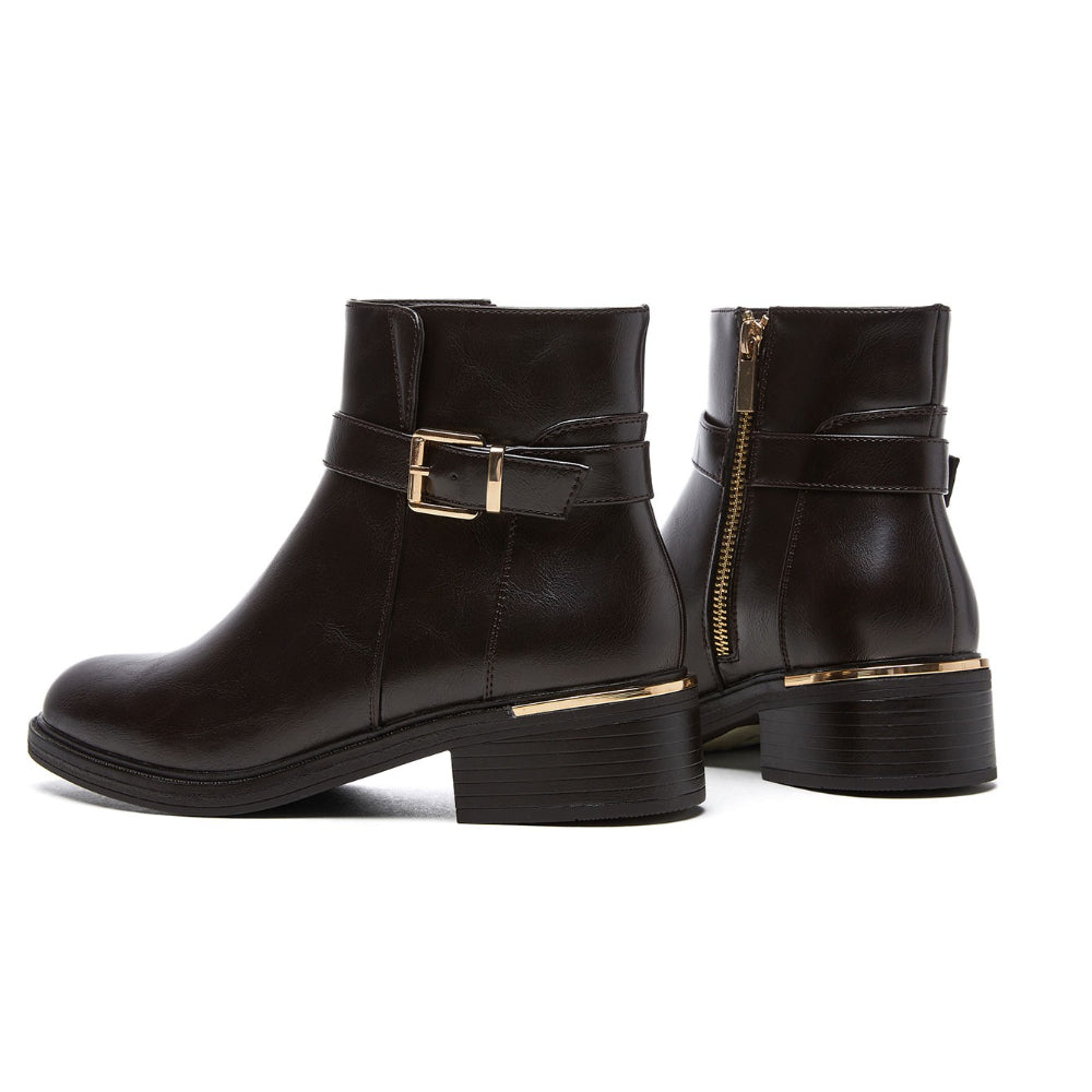 [Vintage French-Style] Vintage French-Style Women's Ankle Boots | Belt Buckle, Round Toe, Mid Heel, Maillard, Side Zipper, Chunky Heel, British Style
