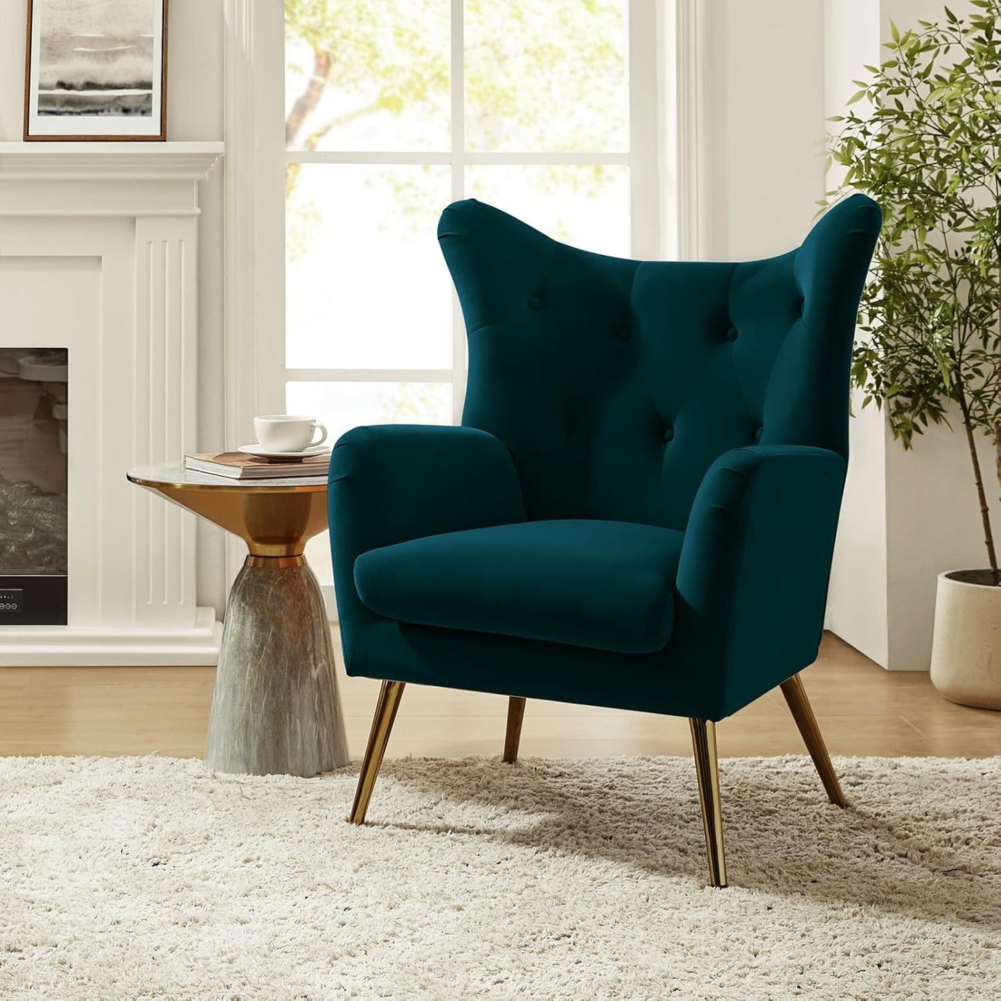Modern Velvet Wingback Arm Chair with Golden Metal Legs - Tufted Upholstered Accent Chair in Blue/Yellow, Wood Frame, Perfect for Living Room, Bedroom, or Dining Room, Chair for Living Room