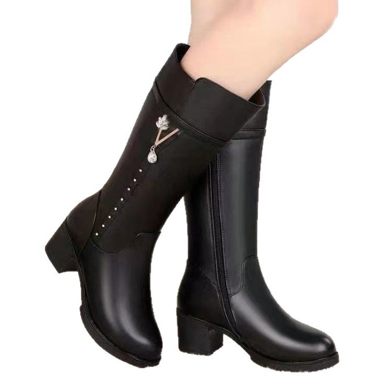 Women'S Winter Warm Mid-Calf Boots with Plush & Floral Pendant - Chunky Heel Round Toe PU Cover Upper, Zipper Closure, Cushioned EVA Insole & Non-Slip Rubber Sole - Elegant Cold-Weather Boots for Casual & Formal Outfits () -
