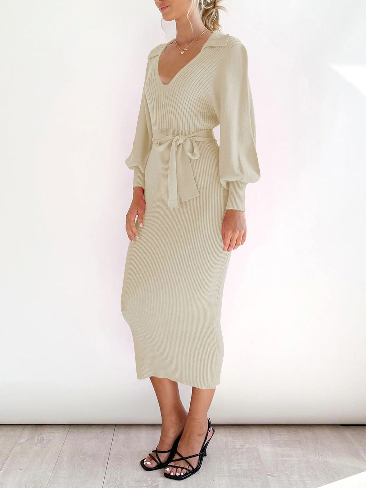 's 2025 New Winter Sweater Dress - Short White V-Neck Button-like Waist (No Buttons) Smock-like Collar, Lantern Bell Sleeves, & Tailored Hug Fit - Solid Color Dress for, Weddings, Parties (Hand Wash/Dry
