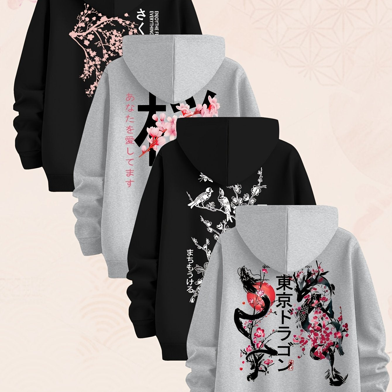 [Set of Four Hoodies] Tokyo Japanese-Style Cherry Blossom Pattern Sweatshirt, Set of Four Men's Hoodies, Made of Polyester Knit Fabric, Casual Style, Regular Fit Hoodies