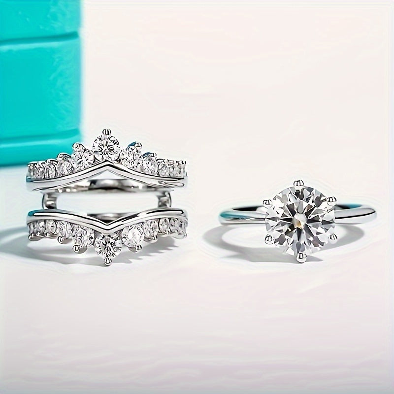 1pc S925 Silver 3 Carat Moissanite Combination Ring Sterling Silver Fashion, Suitable For Birthday Fashion, Wedding And Holidays, Suitable For Men And Women