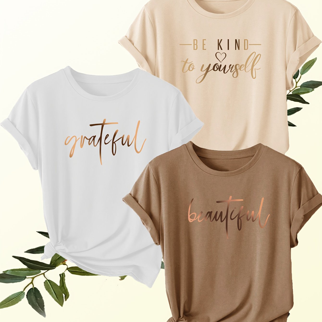 3pcs Women's Soft Casual Round Neck Short Sleeve Blouses • with Letter - Alphabet, -Line Tops • Suitable for All Seasons • Machine Washable • Casual Attire & Layering Pieces
