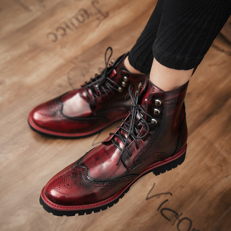 Men's Mid-Calf Lace-Up Boots - Red Business Casual Shoes with Round Toe, Breathable PU & Rubber Sole for All-Season Versatile Wear, Stylish Dress Boots for Office & Everyday Use
