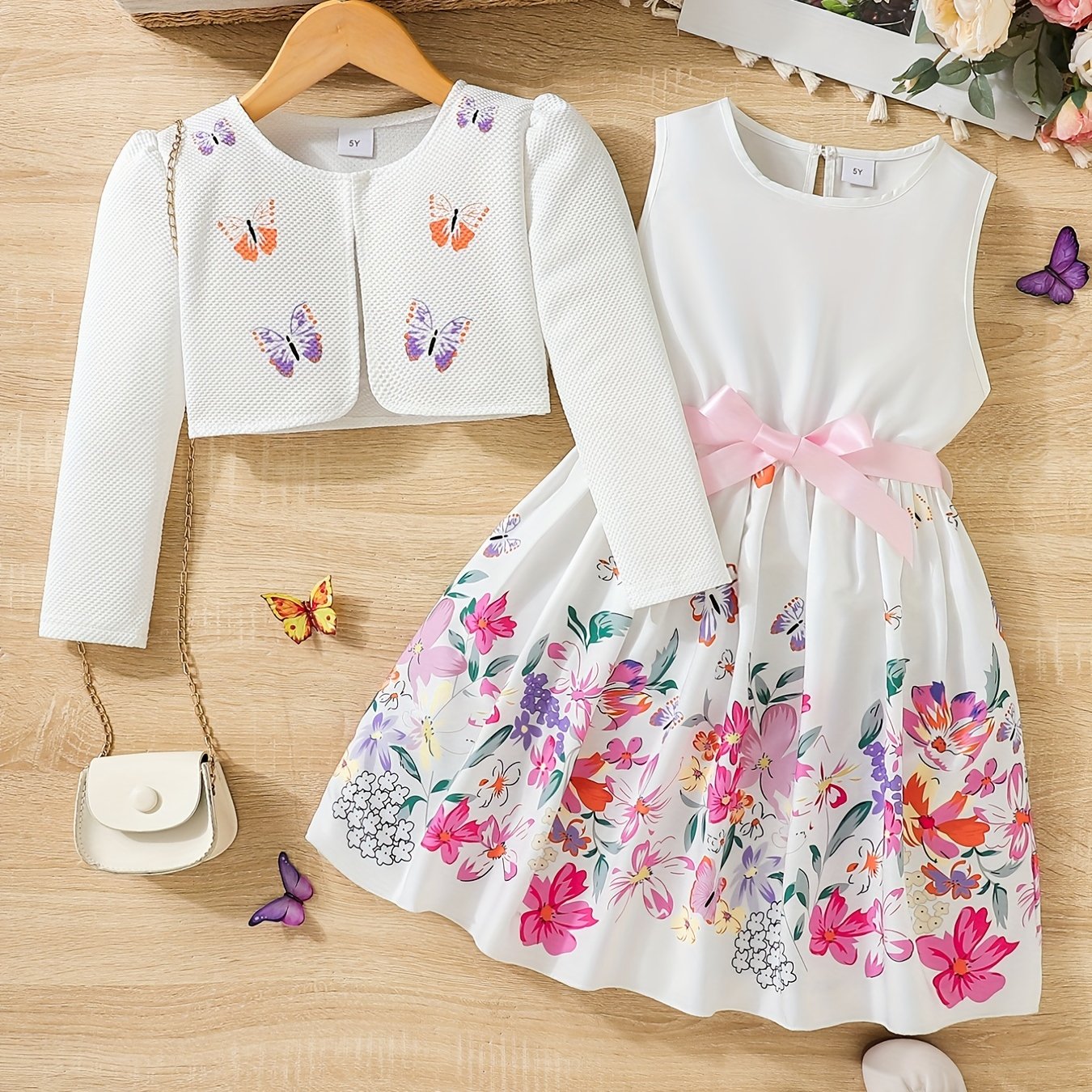 [Cute | Casual] 2pcs Cute Little Girl Butterfly Dresses | Floral Tank Dress And Graphic Cardigan Top Set | for Casual Look, Kids Clothing Gift
